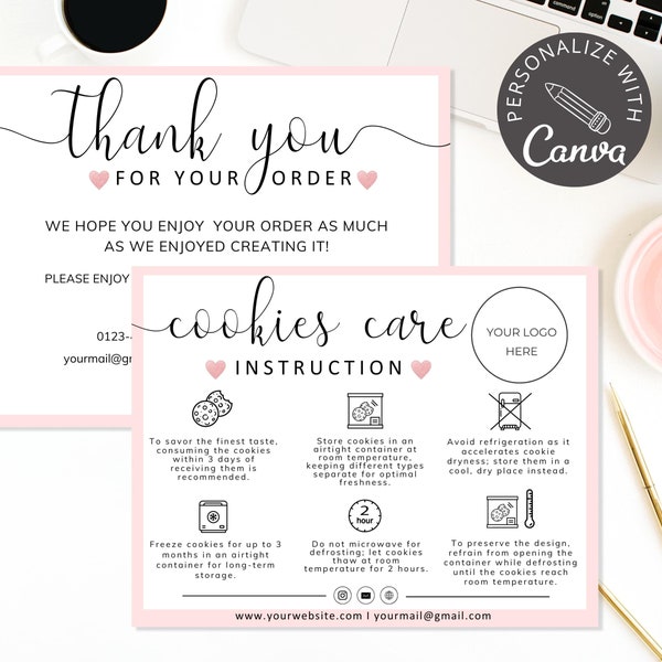 Cookies Care Card Template I Canva Template I Cookie Thank You Card For Customers I Editable Cookie Instructions Card I Custom Care Card.