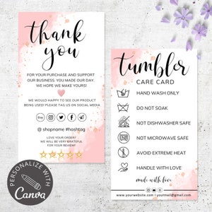Tumbler Care Instructions I Editable Canva Template I Cup Thank You Card I Tumbler Care Cards I Custom Cup Care Cards, Small Business Cards.