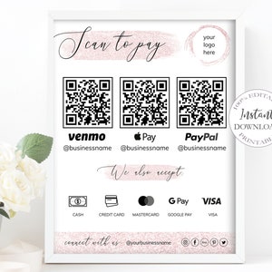 QR-Code-Zeichen I bearbeitbare Canva-Vorlage, Scat-To-Pay-Zeichen, Zahlungszeichen, Scan-To-Pay-Vorlage, Venmo-Zeichen, bearbeitbare Vorlage für kleine Unternehmen