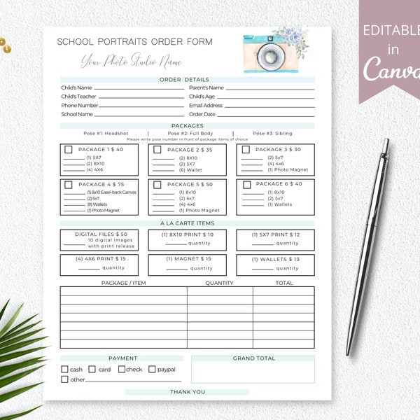 School Photography Order Form Template | Preschool Photos Printable Order Forms | 100% Editable Invoice Template Receipt | DTP-004