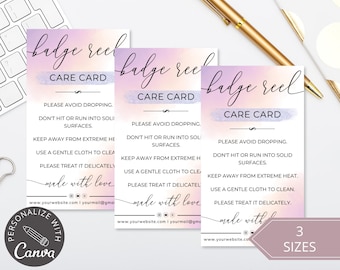 Pode incluir: Três cartões de cuidados com um fundo degradê rosa e roxo. Os cartões têm o texto "badge reel care card" e instruções para cuidar do carretel de crachá. O texto "made with love" está na parte inferior de cada cartão.