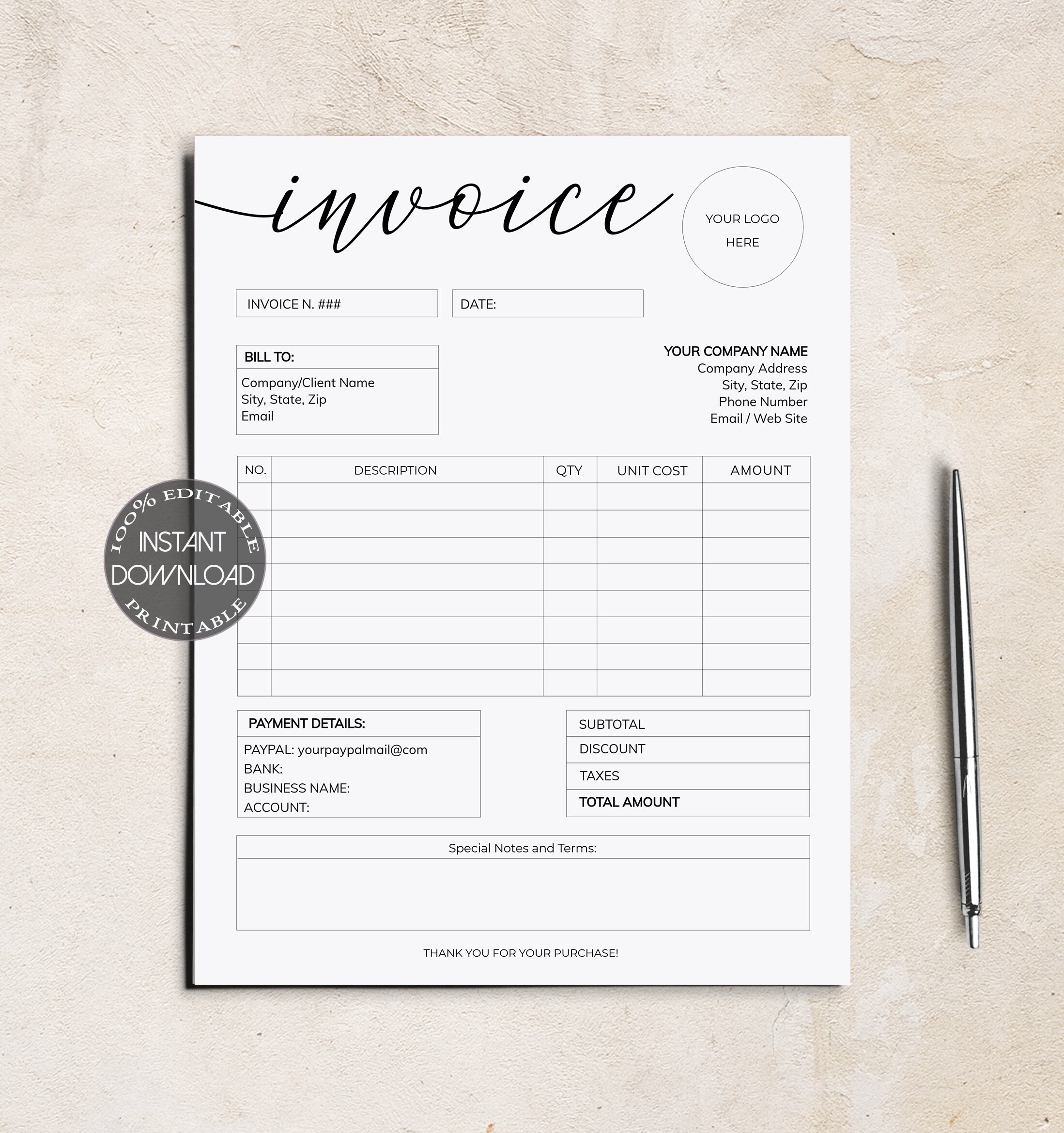 Invoice Template Printable Invoice Custom Order Forms Etsy