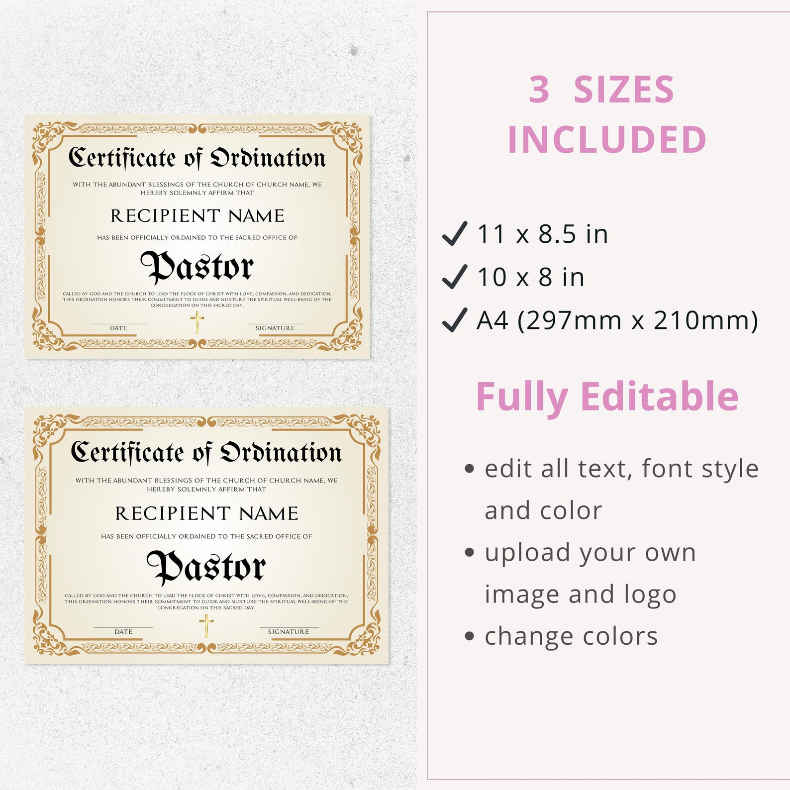 Editable Ordination Application Form Editable Pastor Ordination Certificate Template, Printable Canva ...