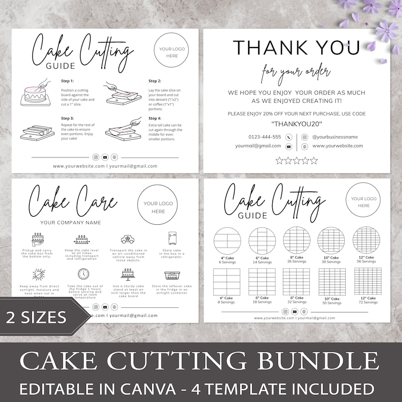 cake care card, instant download, cake cutting guide, care instructions, small business, cake cutting set, canva template, bakery care card, cake care guide, cake portion guide, cake business, thank you cards, editable template