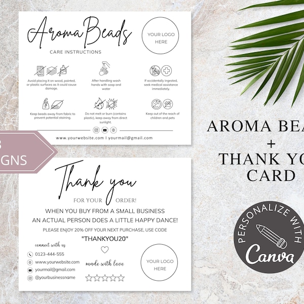 Aroma Beads Care Card I Editable Canva Template I Etsy Shop Tshirt Insert Card I Printable Packaging Insert I Small Business Card