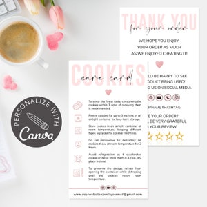 Cookie Care Card Template I Canva Template I Cookie Thank You Card For Customers I Editable Cookie Instructions Card I Custom Care Card.