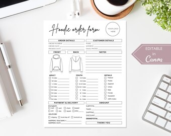 Hoodie Order Form Template I Editable Canva Invoice Template I T-Shirt Small Business Form i Custom Order Form Printable I Crafters Forms.