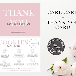 Plantilla de Canva para tarjeta de cuidado de galletas imprimible y tarjeta de agradecimiento para pequeñas empresas. Tarjeta de instrucciones de cuidado editable. Descarga digital instantánea.