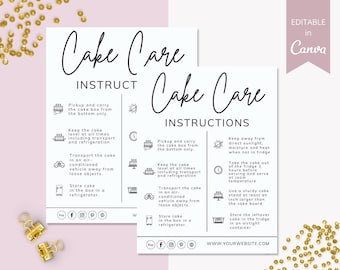 Cake Care Card Editable Template, Wedding Cake Care Cards, Printable Cake Care Guide, Cake Instructions Card, Instant Download. DTP-031