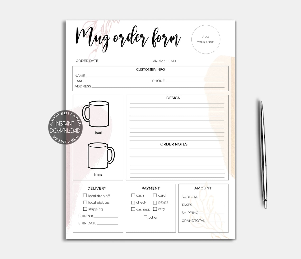 Mug Order Form Template Coffee Cup Printable Order Form Etsy