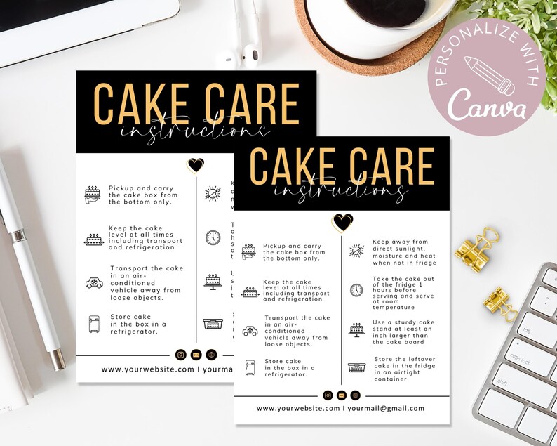 Cake Care Card I Editable Canva Template I Wedding Cake Care Cards I ...