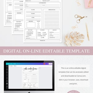 May include: A digital template for a cake order form. The form includes sections for order details, customer information, delivery, payment, and amount. The template is editable in Canva.