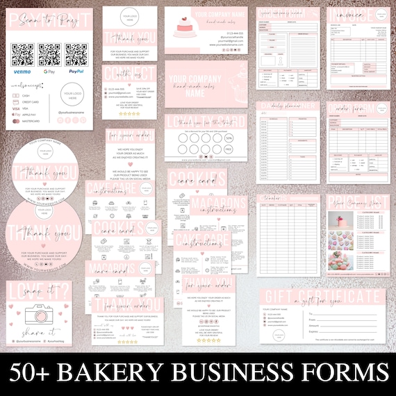 Editable Bakery Business Canva Template | Invoice Template, QR Code Sign, Cake Order Form, Price List, Daily Planner, Cake Care Cards