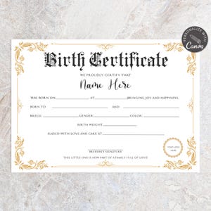editable canva template, pupy birth certificate, dog birthday, 	
cat certificate, pet adoption