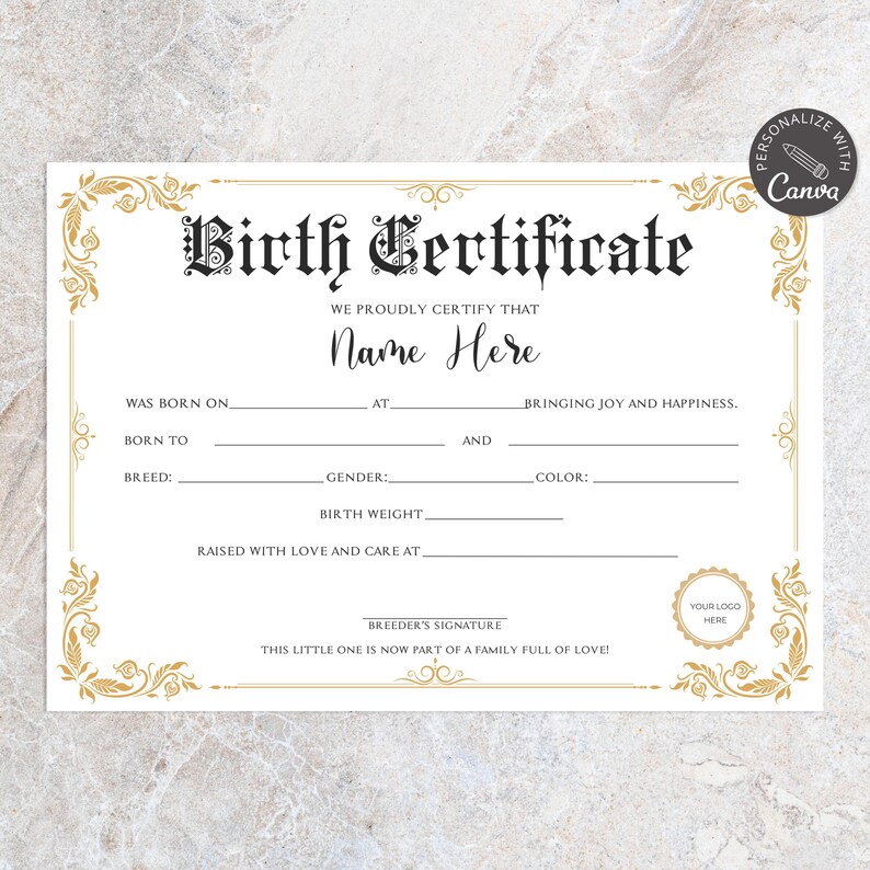 editable canva template, pupy birth certificate, dog birthday, 	
cat certificate, pet adoption