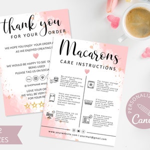 Macarons Care Card Template, Canva Editable Wedding Macarons Care Cards, Printable Care Guide, Cake Instructions, Instant Download. DTP-031