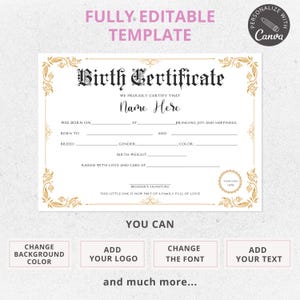 editable canva template, pupy birth certificate, dog birthday, 	
cat certificate, pet adoption