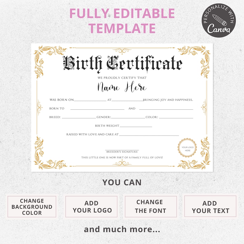 editable canva template, pupy birth certificate, dog birthday, 	
cat certificate, pet adoption