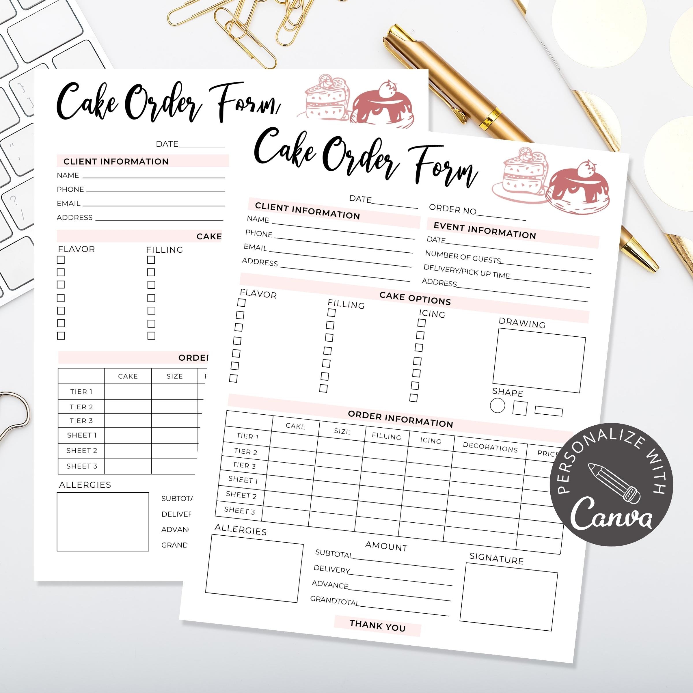 Cake Order Form Template | Editable Canva Template I Bakery Order Form ...