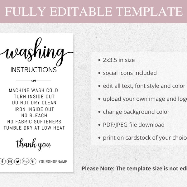 Washing Instructions Editable Template - Etsy