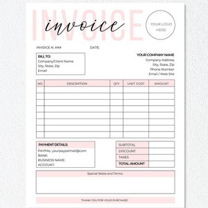 Op de afbeelding: Een roze en witte printbare factuurtemplate met velden voor factuurnummer, datum, factureren aan, beschrijving, hoeveelheid, eenheidsprijs, bedrag, betalingsgegevens, subtotaal, korting, belastingen, totaalbedrag en speciale opmerkingen en voorwaarden. De template heeft de tekst "invoice" in roze lettertype bovenaan en de tekst "EASY & FAST" in een cirkel onderaan.