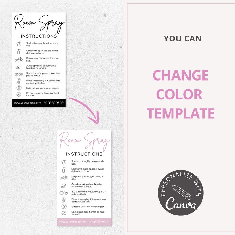 room spray diffuser, care card, canva template, care instructions