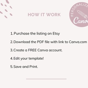 May include: A pink and white graphic with the text "HOW IT WORK" and a list of five steps for customizing a template using Canva. The graphic also includes a pink circle with a pencil and the text "PERSONALIZE WITH Canva".
