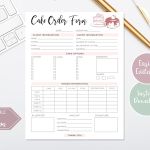 Cake Order Form Template | Editable Canva Template I Bakery Order Form ...