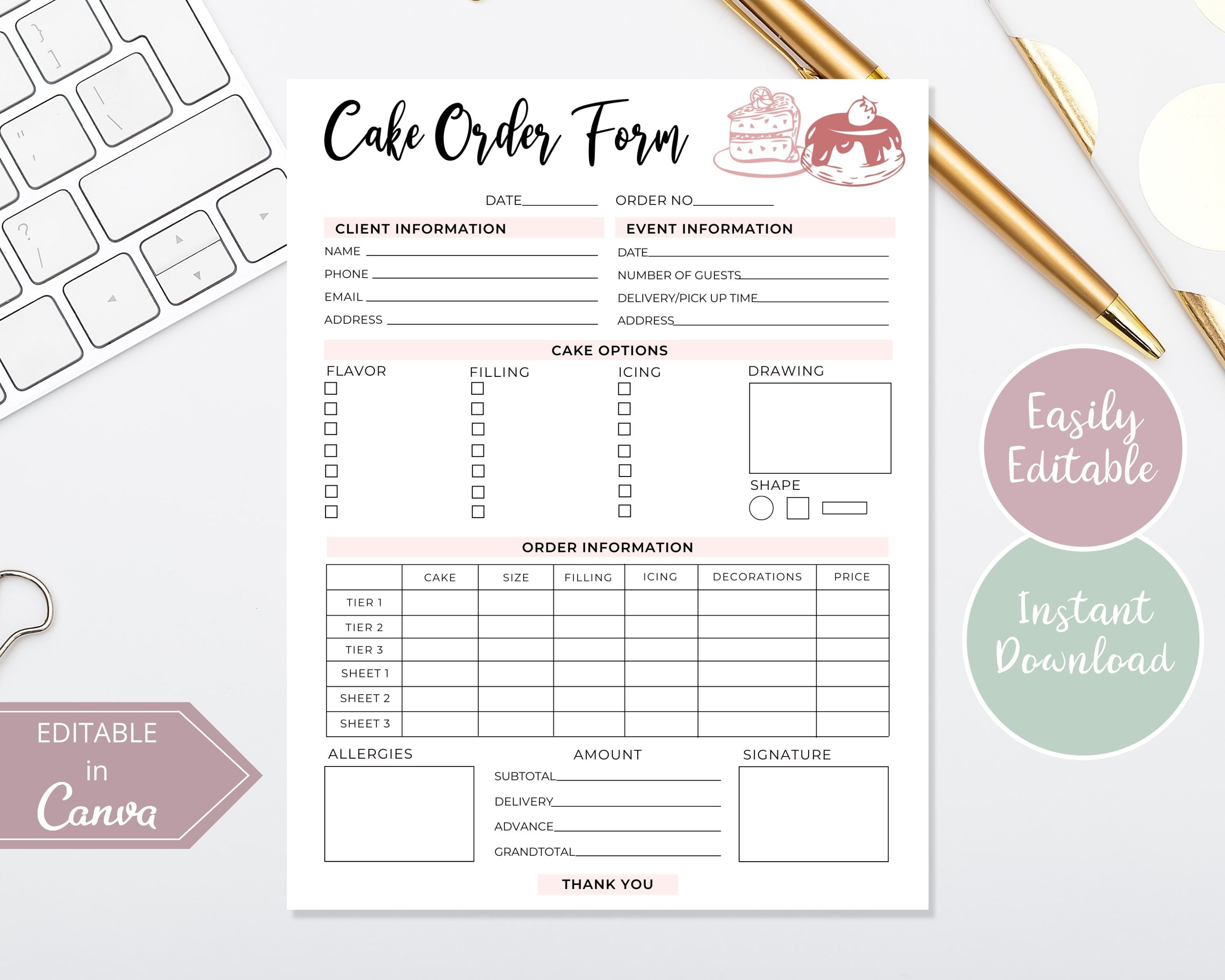 Cake Order Form Template | Editable Canva Template I Bakery Order Form ...