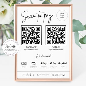 Bearbeitbarer Scan-To-Pay-Zeichen I Bearbeitbare Canva-Vorlage, QR-Code-Zeichenvorlage, CashApp-Venmo-Zeichen für kleine Unternehmen, Qr-Code-Zeichen.