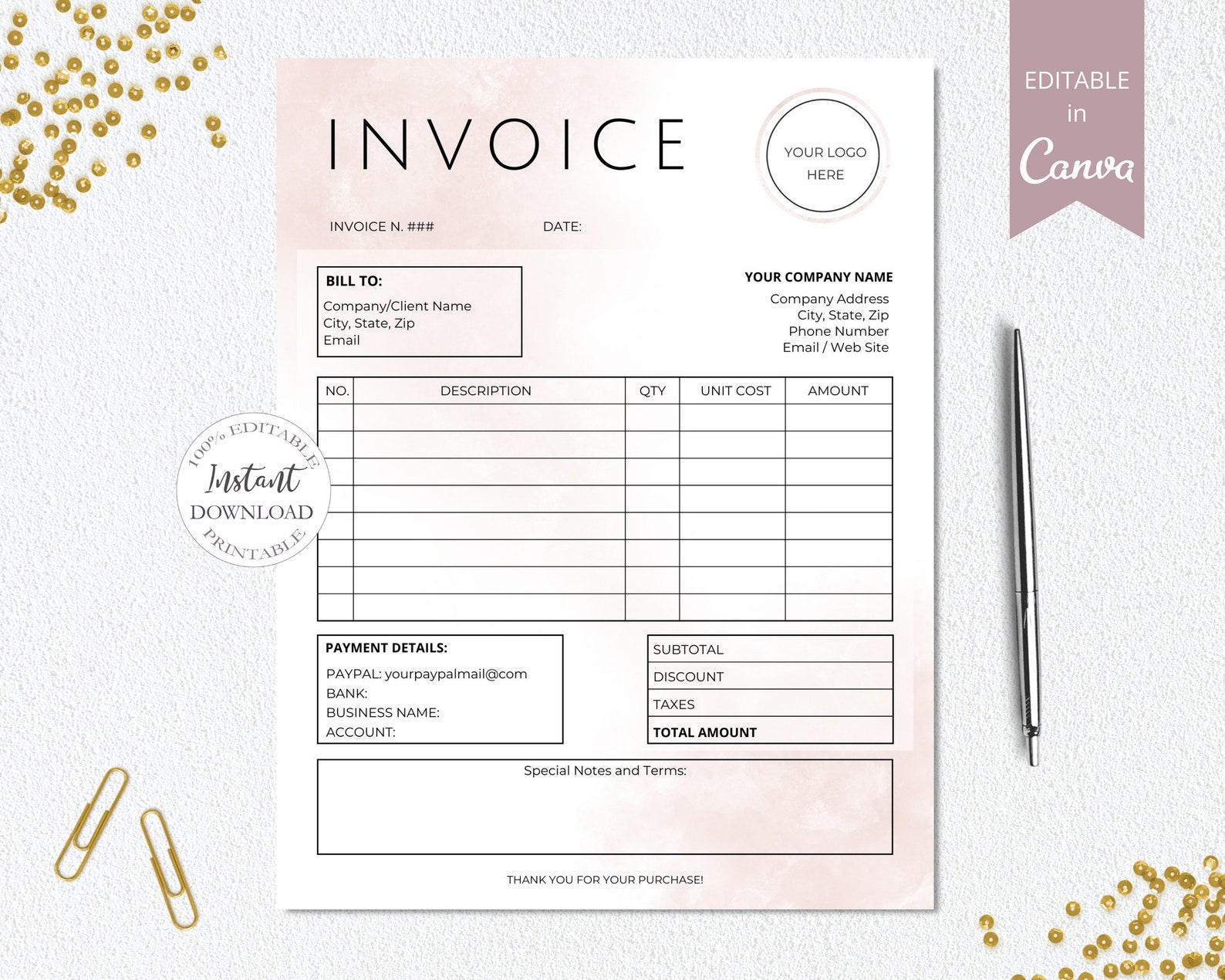 Invoice Template, Printable Order Form Invoice, Editable Invoice Form ...