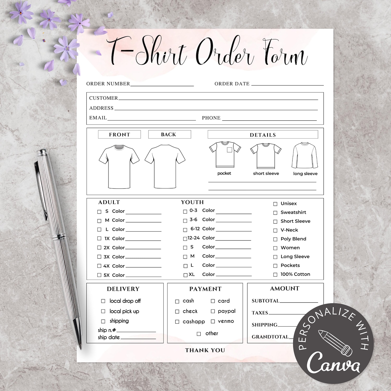 Editable T-shirt Order Form Template | Shirt Order Form | Printable ...