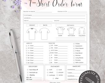 Puede incluir: Un formulario de pedido de camiseta imprimible con secciones para la información del cliente, la entrega, el pago y los detalles sobre la camiseta. El formulario incluye opciones para tallas de adulto y niño, colores y estilos de manga. También incluye una sección para que el cliente especifique si quiere un bolsillo, manga corta o manga larga.
