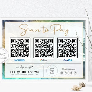 Scannen naar betaalkaart I bewerkbare canva-sjabloon, QR-codeteken, zakelijk bord voor kleine bedrijven, Venmo-betaling afdrukbaar, direct downloaden.
