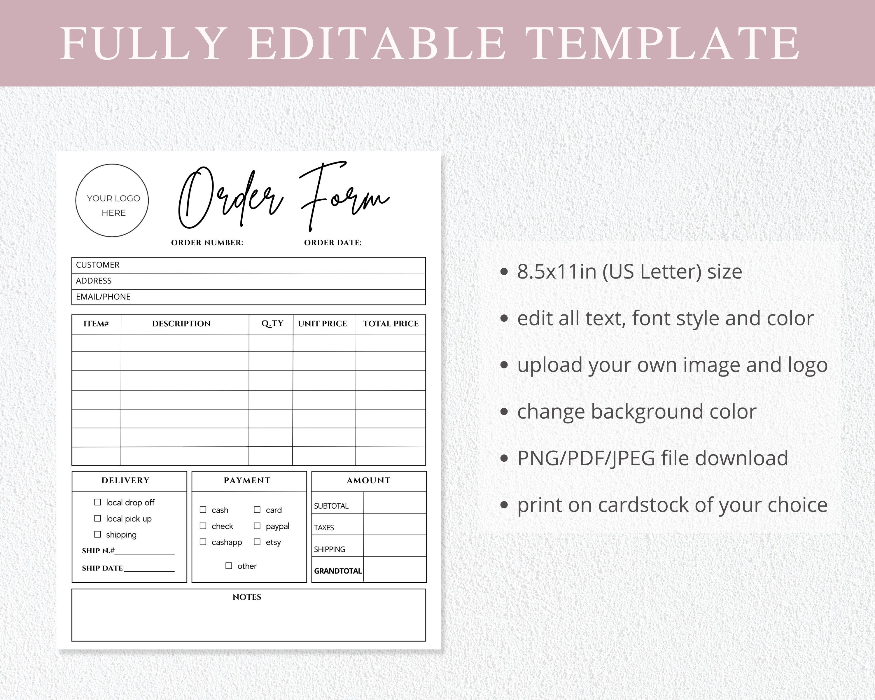 Editable Canva Order Form | Template for Small Business | Printable ...