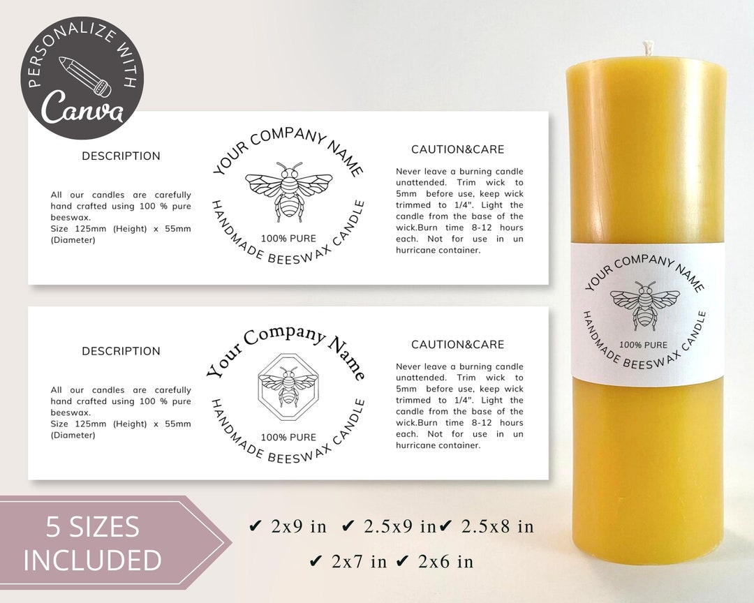 Beeswax Candle Labels, Editable Canva Template, 5 Sizes Pillar Candle