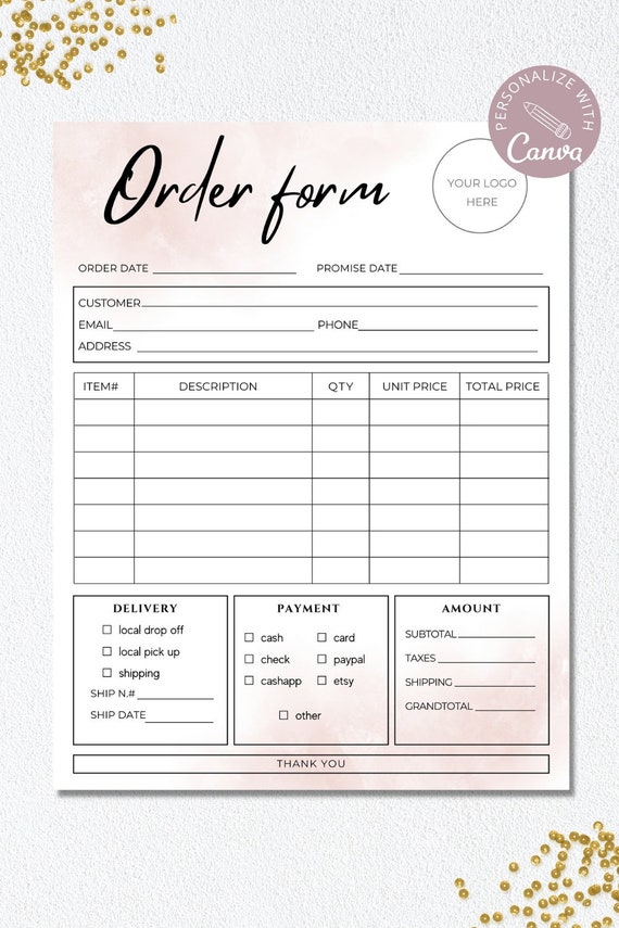 Order Form Template Editable, Small Business Order Forms, Customer Order  Form Printable, Purchase Order Form Canva Template. DTP-004 