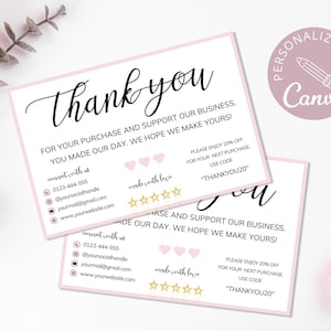 Danke Visitenkarten Vorlage, Canva bearbeitbar Danke für Ihre Bestellkarten, druckbare Visitenkarten, Social Media Icons enthalten.