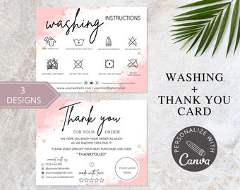 Tarjeta de instrucciones de lavado I Plantilla editable de Canva I Tarjeta de inserción de camiseta de la tienda Etsy I Inserción de empaque imprimible I Tarjeta de presentación pequeña