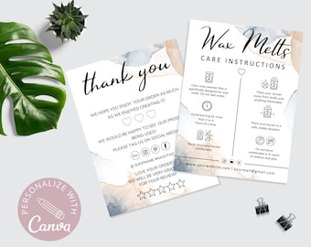 May include: Thank you card with a watercolor background and instructions for using wax melts. The card includes a thank you message, social media icons, and a five-star rating system. The instructions include information about using a wax warmer, avoiding drafts, and keeping the warmer away from flammable materials.