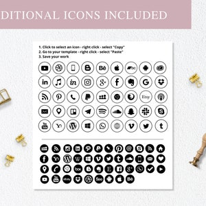 May include: A white sheet featuring a collection of black and white social media icons, such as YouTube, Instagram, and Etsy. The text "ADDITIONAL ICONS INCLUDED" is at the top. Instructions are provided for copying and pasting the icons. Gold binder clips and a stamp are scattered around.
