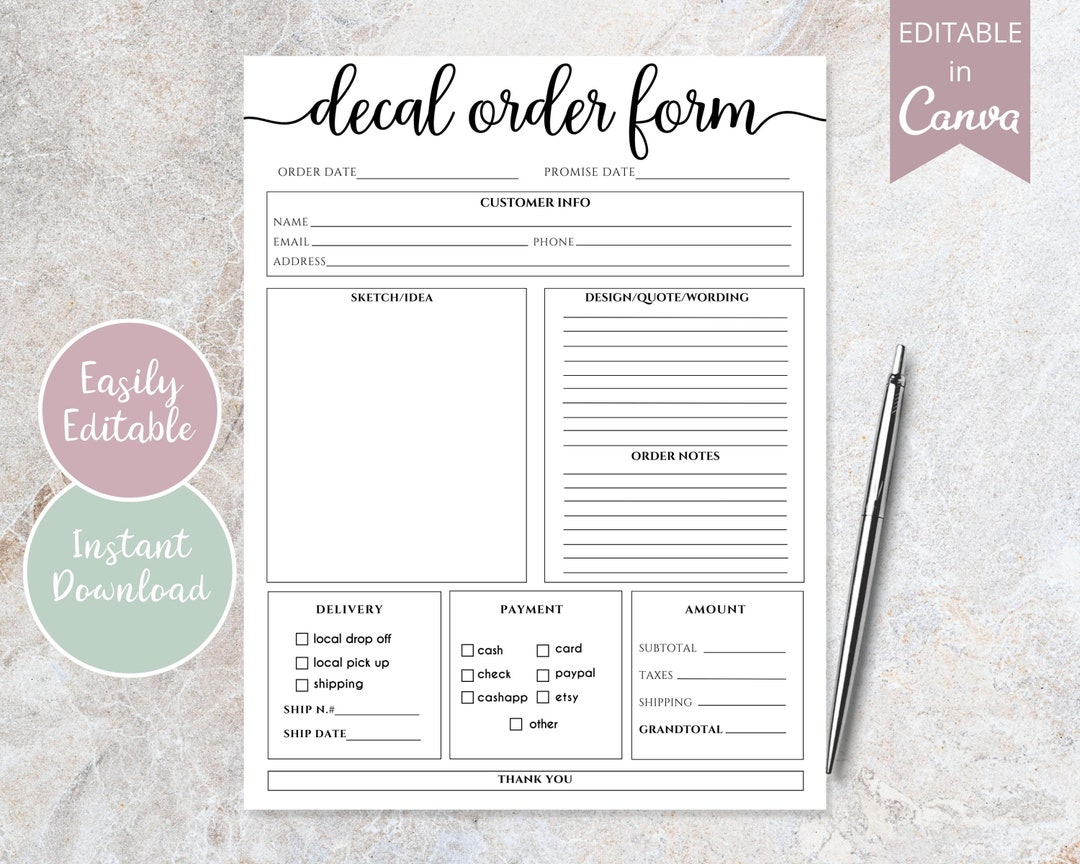 Decal Order Form I Editable Canva Template Vinyl Crafters Order Forms