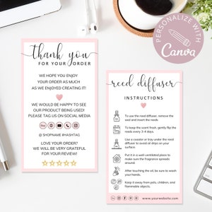 May include: Pink thank you card with black text that says "Thank you for your order." The card includes instructions for using a reed diffuser. The instructions include icons for removing the seal, flipping the reeds, using a coaster, placing the diffuser in a well-ventilated area, and washing hands after touching the oil. The card also includes social media icons for Etsy, email, phone, and Instagram. The card also includes the text "@SHOPNAME #HASHTAG" and "Love your order? We will be very grateful for your review!"