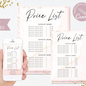 Modelo de lista de preços, lista de preços de cabelo DIY editável do Canva, lista de preços de beleza, guia de preços de negócios, folha de preços de padaria rosa. DTP-003