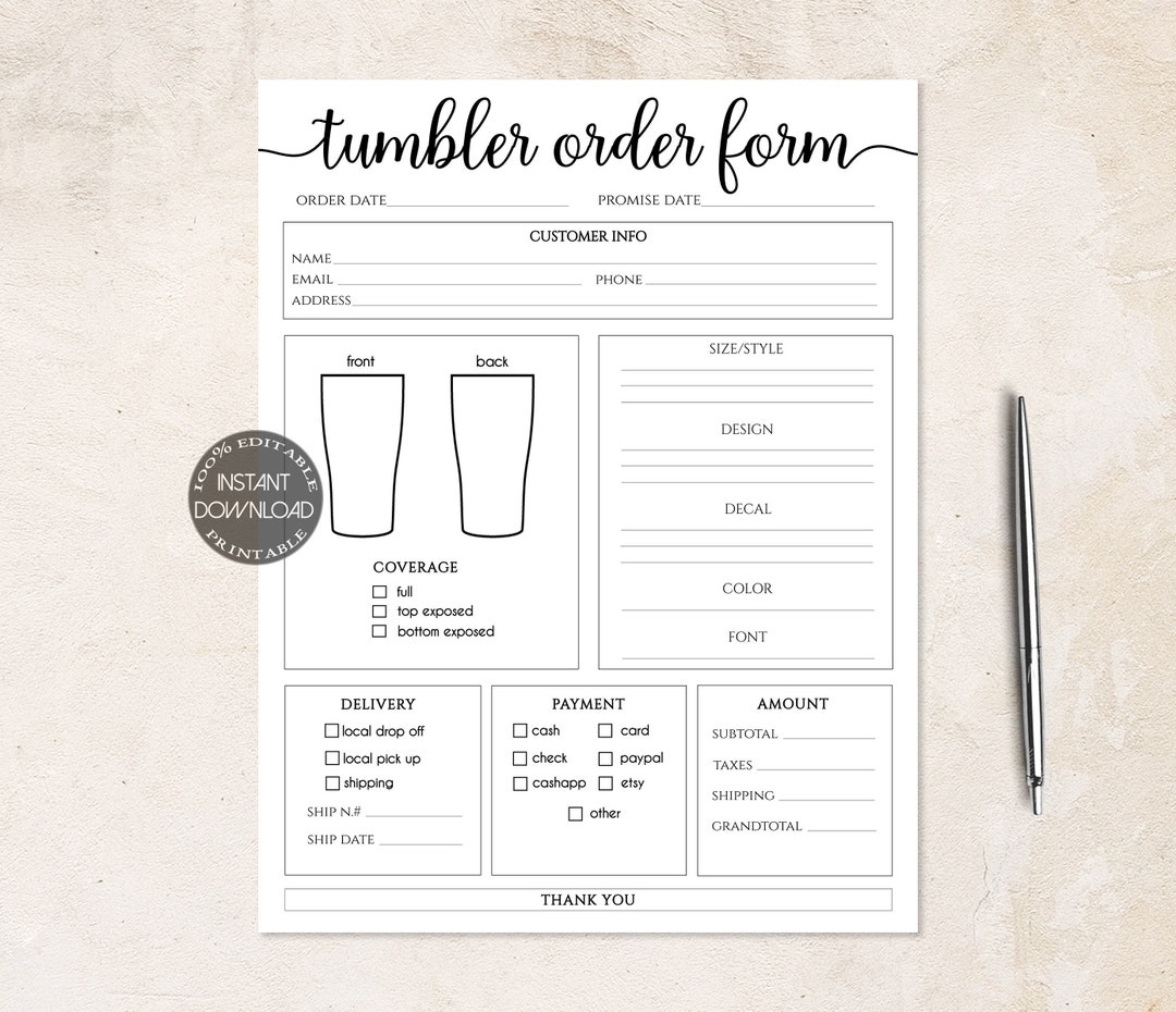 Tumbler Order Form Editable | Custom Tumbler Order Form Template ...
