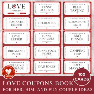 Valentijnsdag liefdescoupons: afdrukbare canvassjabloon, cadeaus voor hem en haar, romantische valentijnsvoucher, leuke ideeën voor kortingsbonnen