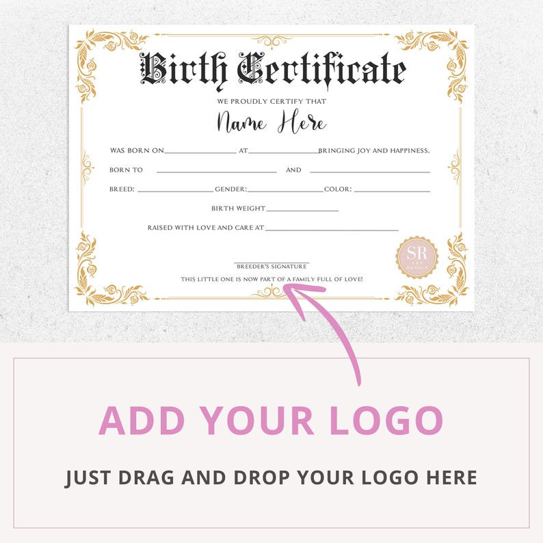 editable canva template, pupy birth certificate, dog birthday, 	
cat certificate, pet adoption