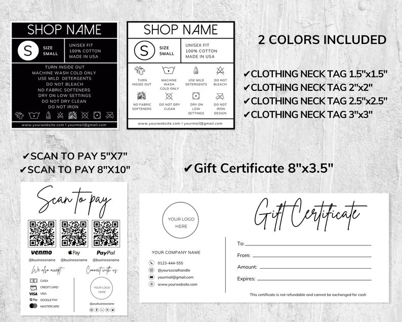 clothing business bundle, clothing labels, daily planner, gift certificate, business cards, care instructions, tshirt order form, washing instructions,  invoice template, Price List, Qr Code Sign