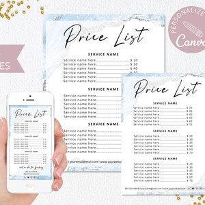 Modelo de lista de preços, lista de preços de cabelo DIY editável do Canva, lista de preços de beleza, guia de preços de negócios, folha de preços azul de padaria. DTP-003