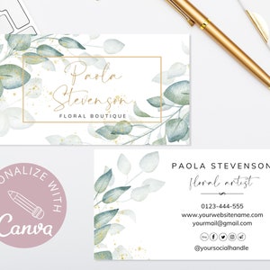 Greenery Visitenkarten, Canva bearbeitbare Vorlage, druckbare DIY-Visitenkarten, monatliche Visitenkarten, inklusive soziale Symbole.